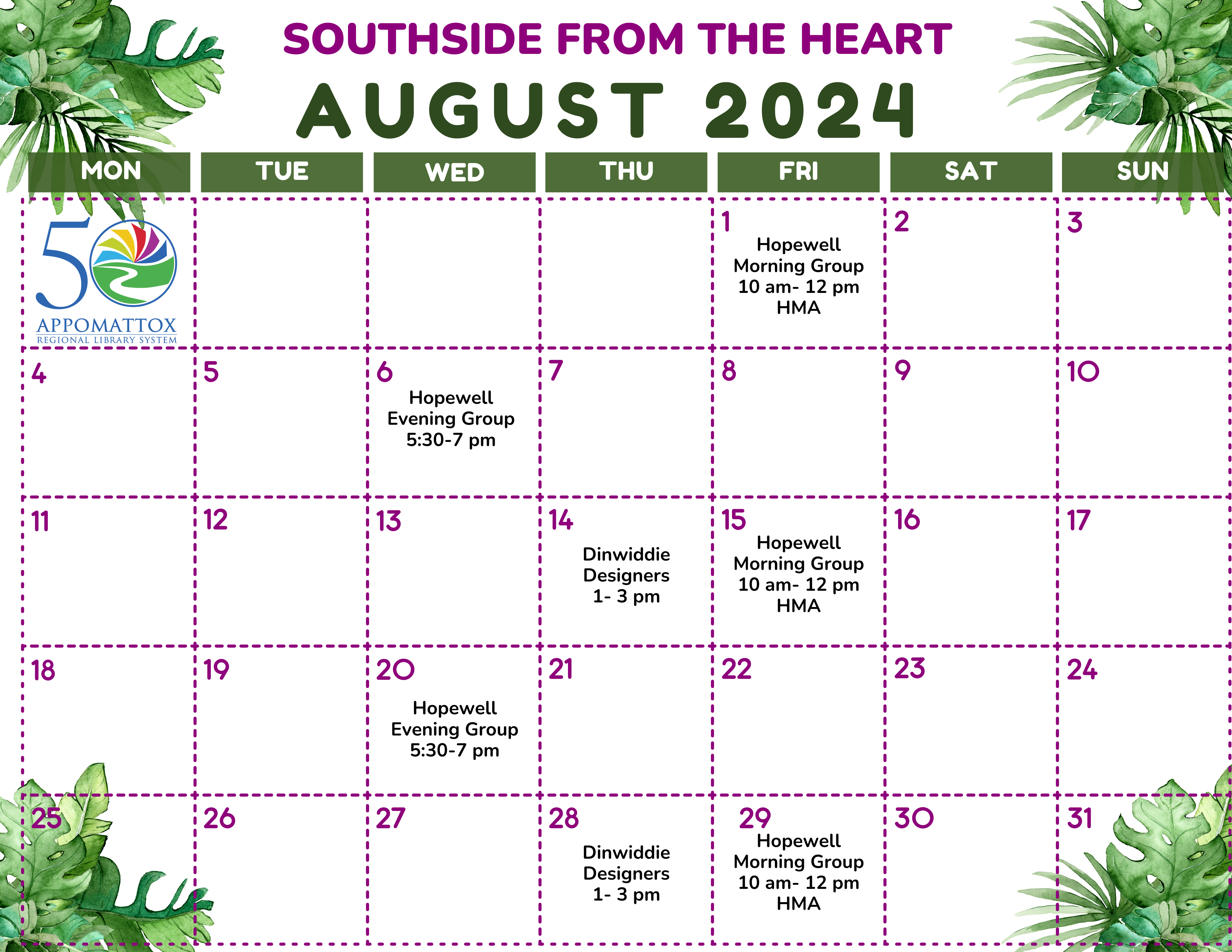 A calendar showing August 2024 with green tropical leaves in each of the four corners.
