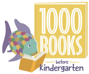 Rainbow scale fish reading a book with a yellow sign to the left stating "1000 Books) with the words "before kindergarten" underneath