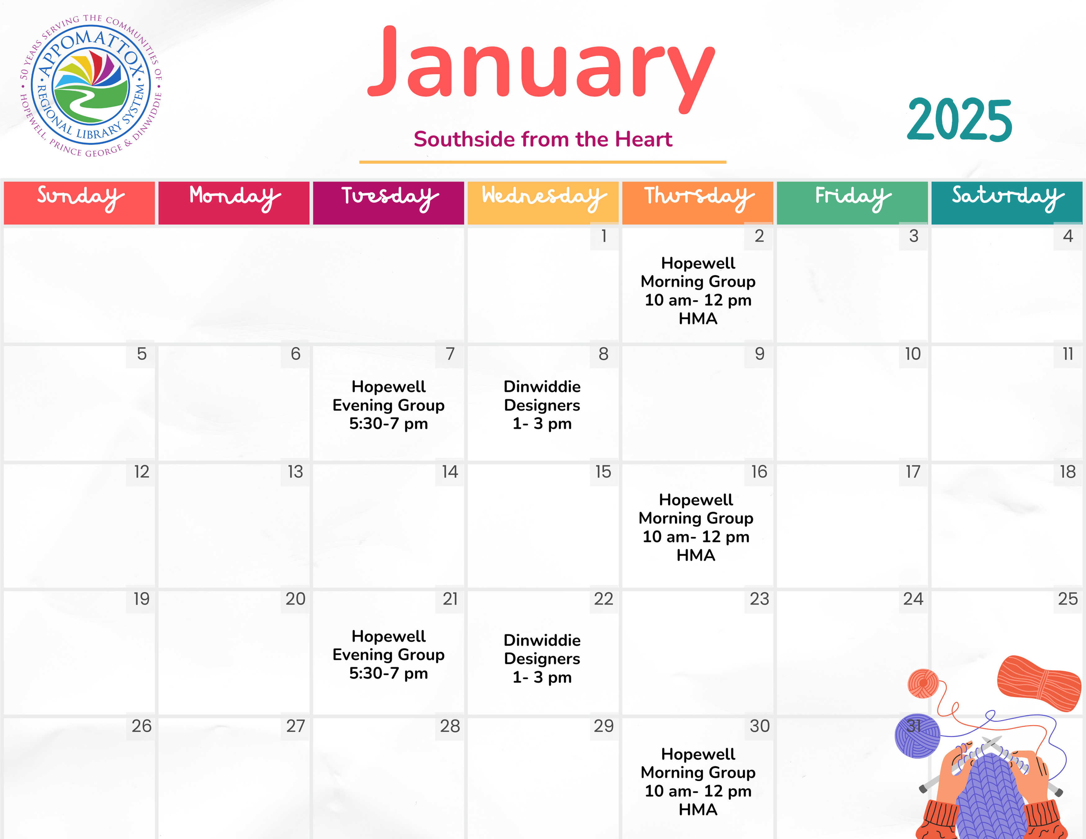 a colorful calendar for January